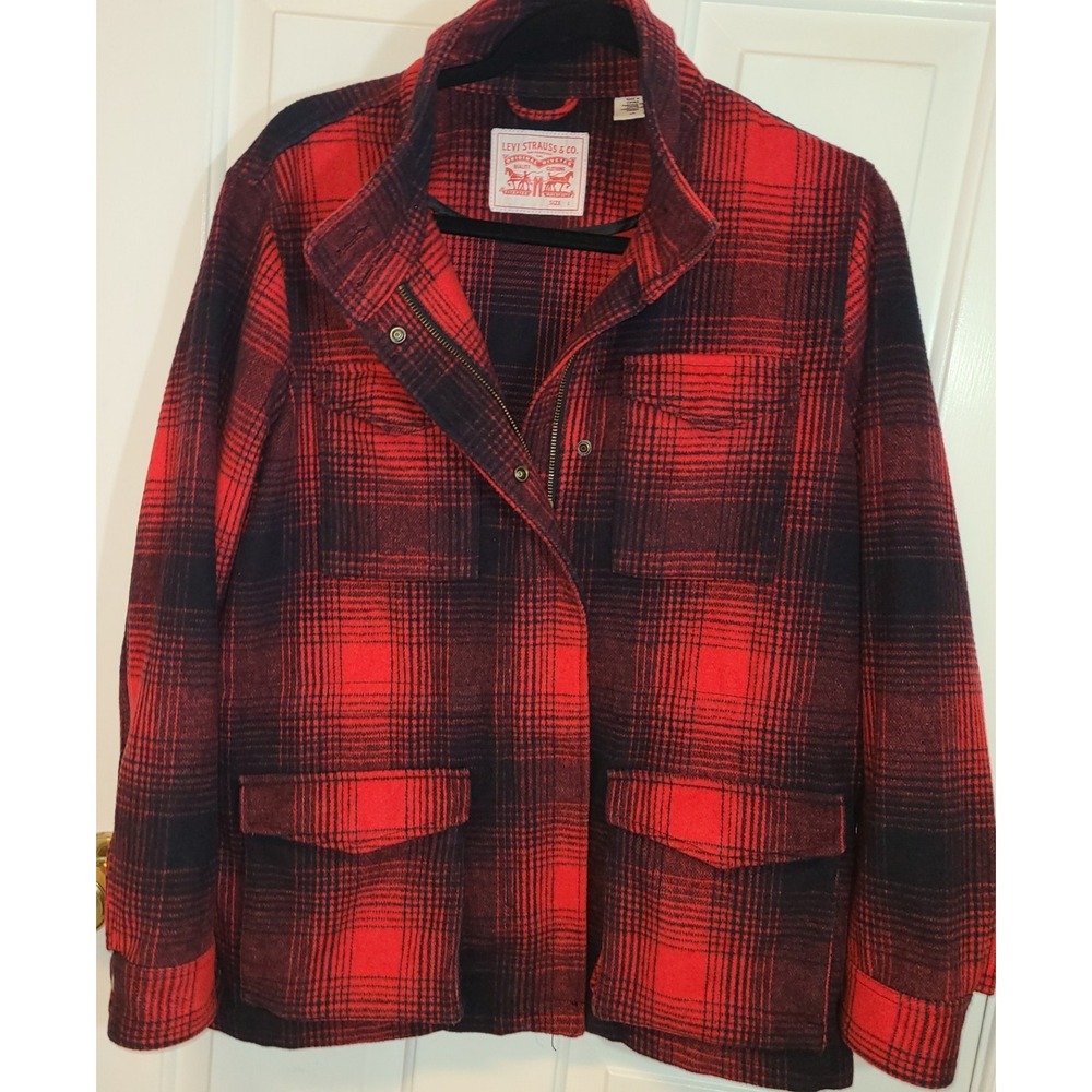 Levi's Buffalo Plaid Truckers Jacket Women's Lg Red &‎ Black Inside Cinch